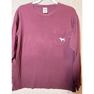 PINK Victoria's Secret Women's M Maroon Long Sleeve Pocket T-Shirt Dog Logo Tee